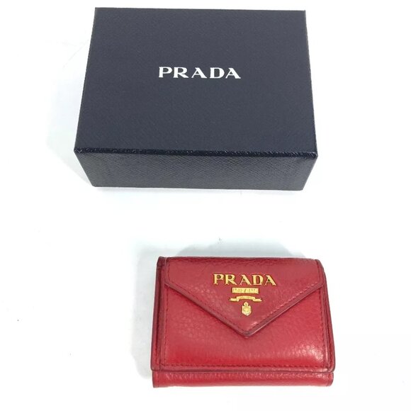 PRADA 1MH021 logo CompactWallet Trifold wallet Leather Red/Gold - Picture 2 of 13